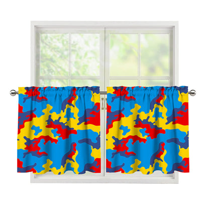 Red Yellow And Blue Camouflage Print Tier Curtains