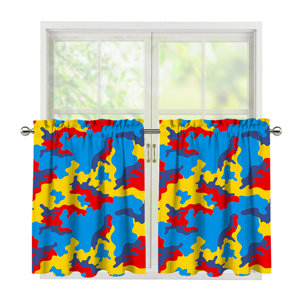 Red Yellow And Blue Camouflage Print Tier Curtains