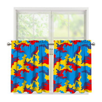 Red Yellow And Blue Camouflage Print Tier Curtains