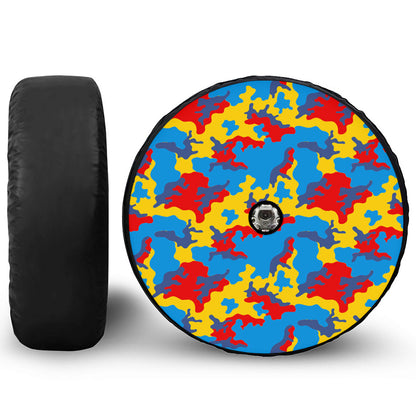Red Yellow And Blue Camouflage Print Tire Cover With Camera Hole