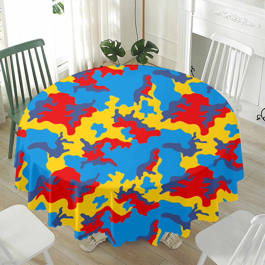 Red Yellow And Blue Camouflage Print Waterproof Round Tablecloth