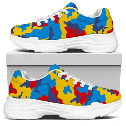 Red Yellow And Blue Camouflage Print White Chunky Shoes