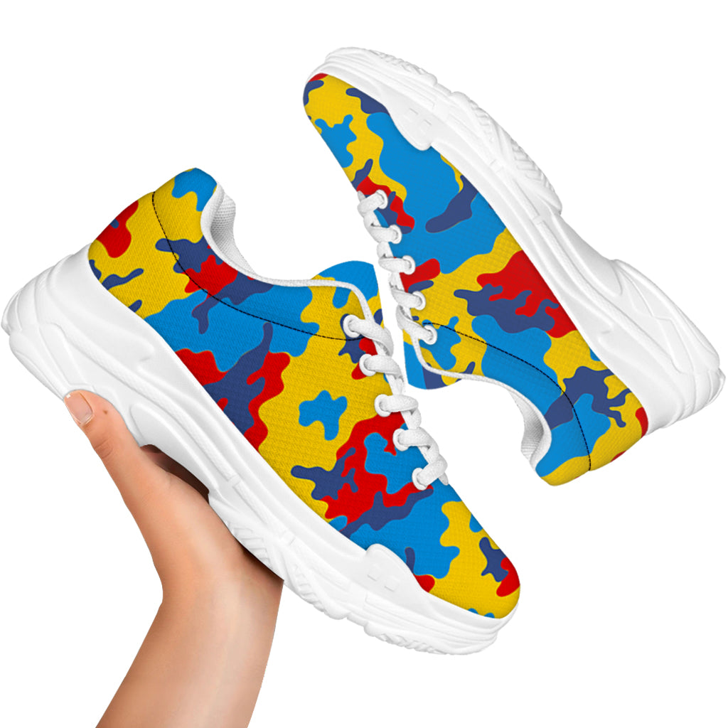 Red Yellow And Blue Camouflage Print White Chunky Shoes