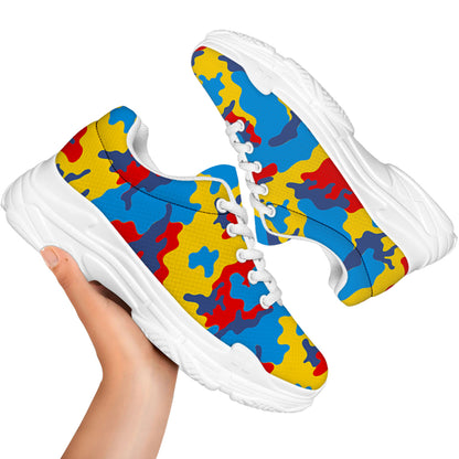 Red Yellow And Blue Camouflage Print White Chunky Shoes