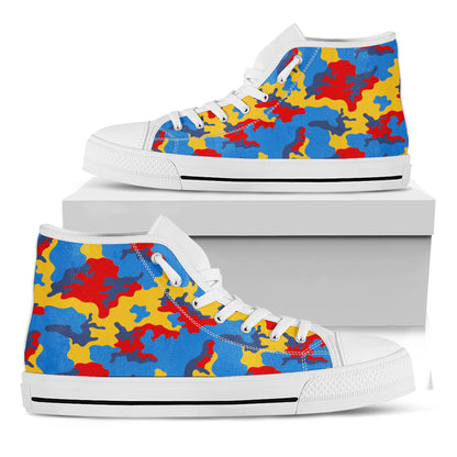 Red Yellow And Blue Camouflage Print White High Top Sneakers