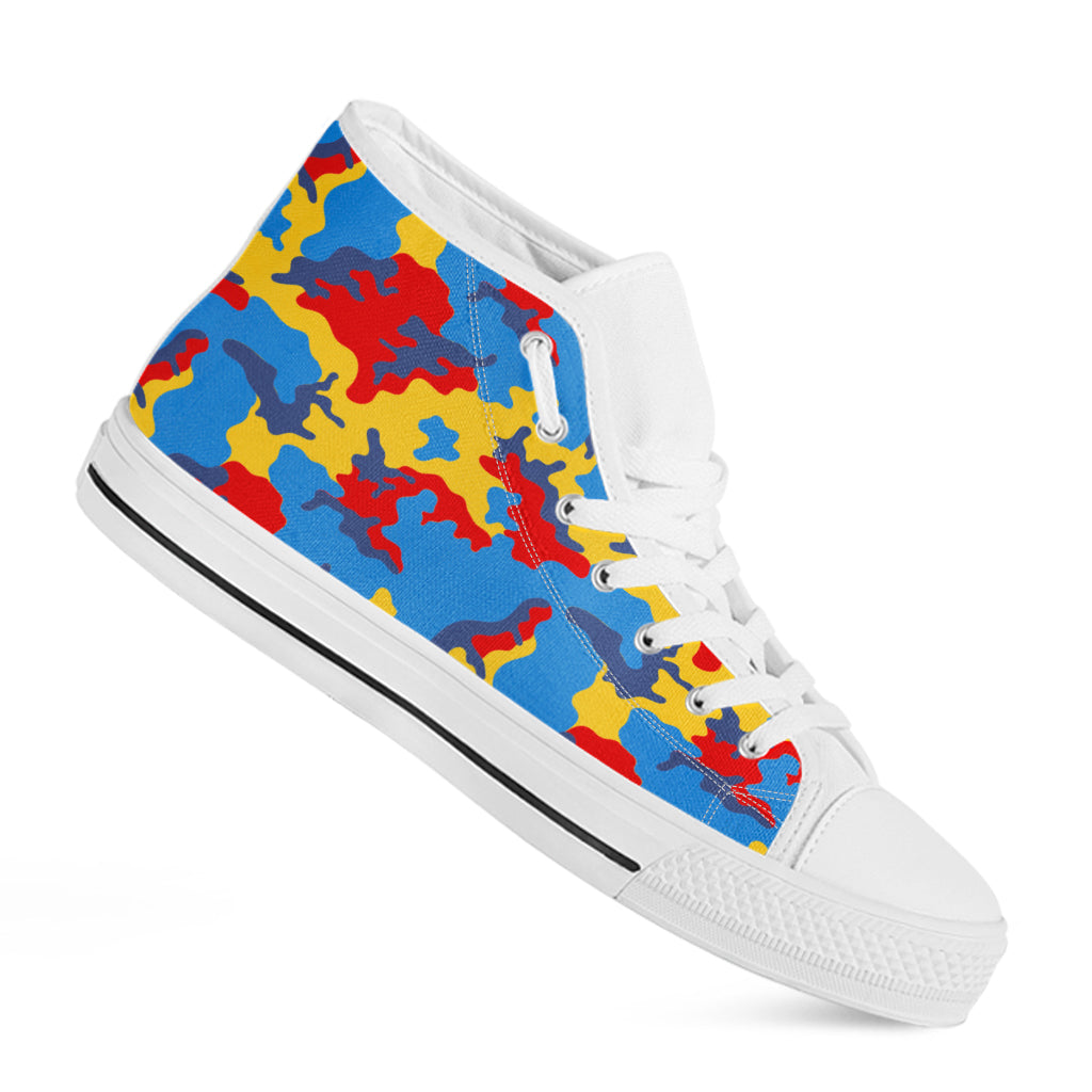 Red Yellow And Blue Camouflage Print White High Top Sneakers