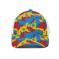 Red Yellow And Blue Camouflage Print White Mesh Trucker Hat