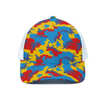 Red Yellow And Blue Camouflage Print White Mesh Trucker Cap