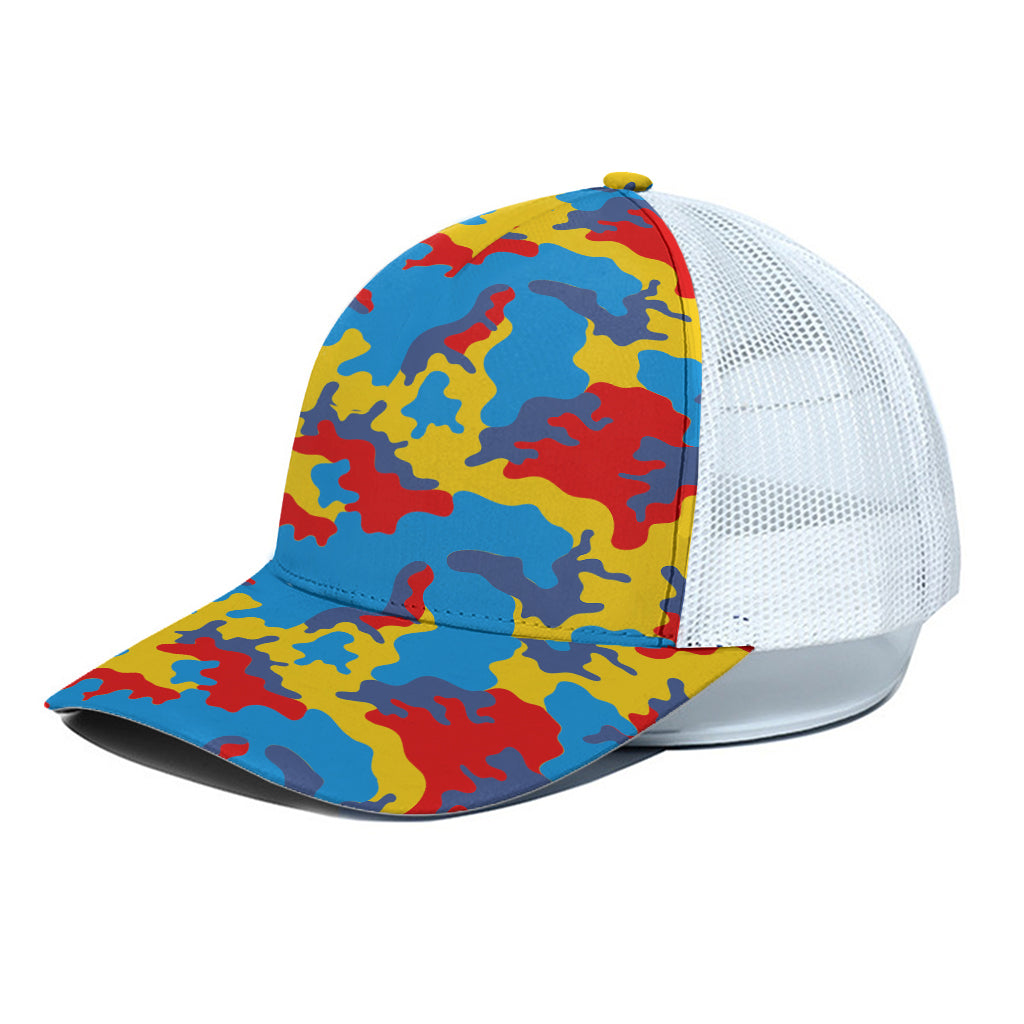 Red Yellow And Blue Camouflage Print White Mesh Trucker Cap