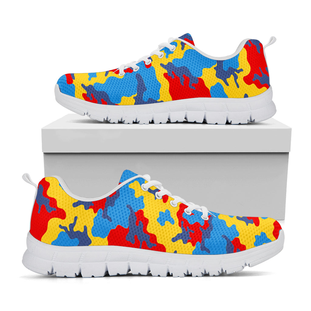 Red Yellow And Blue Camouflage Print White Running Shoes