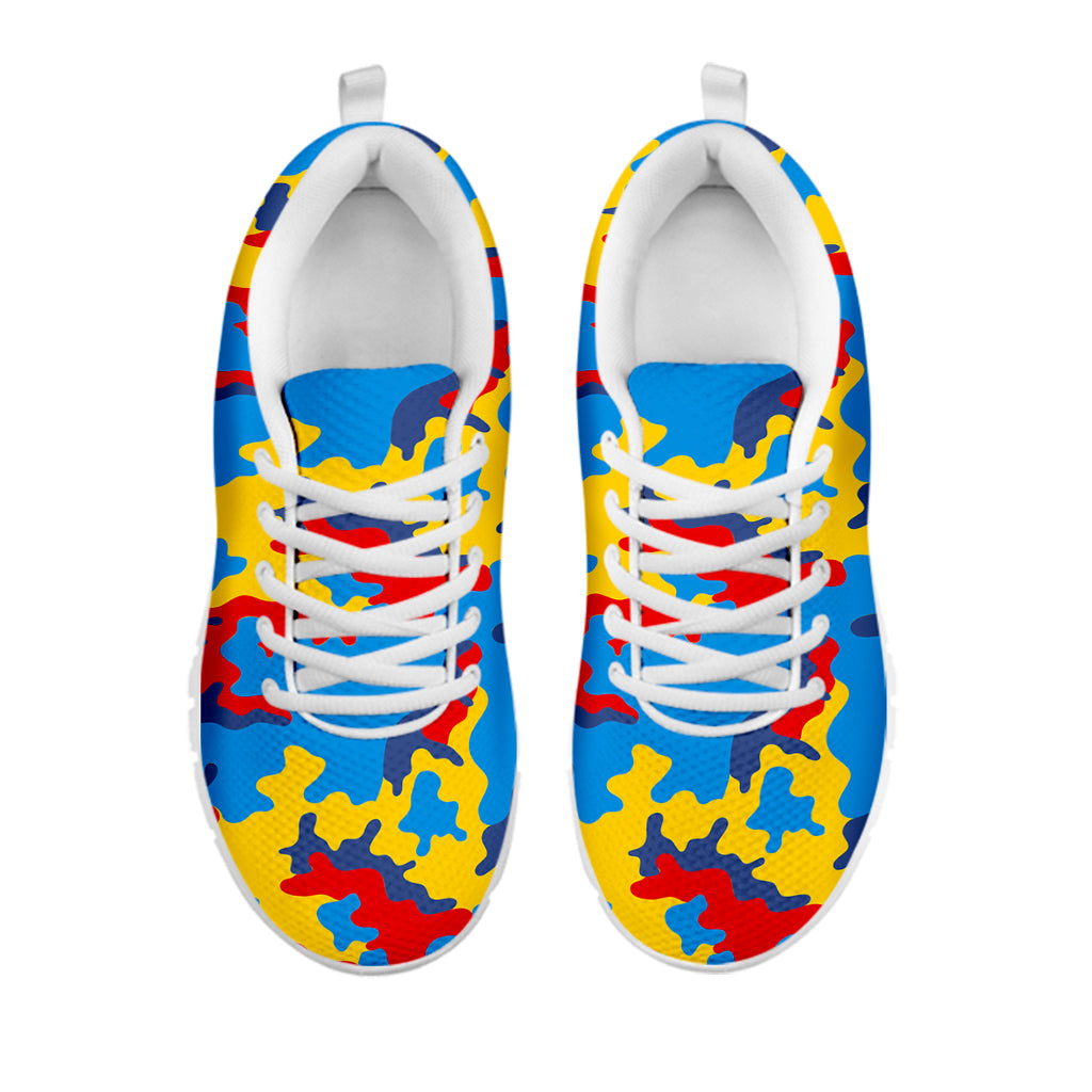 Red Yellow And Blue Camouflage Print White Running Shoes