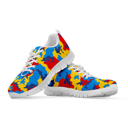 Red Yellow And Blue Camouflage Print White Running Shoes