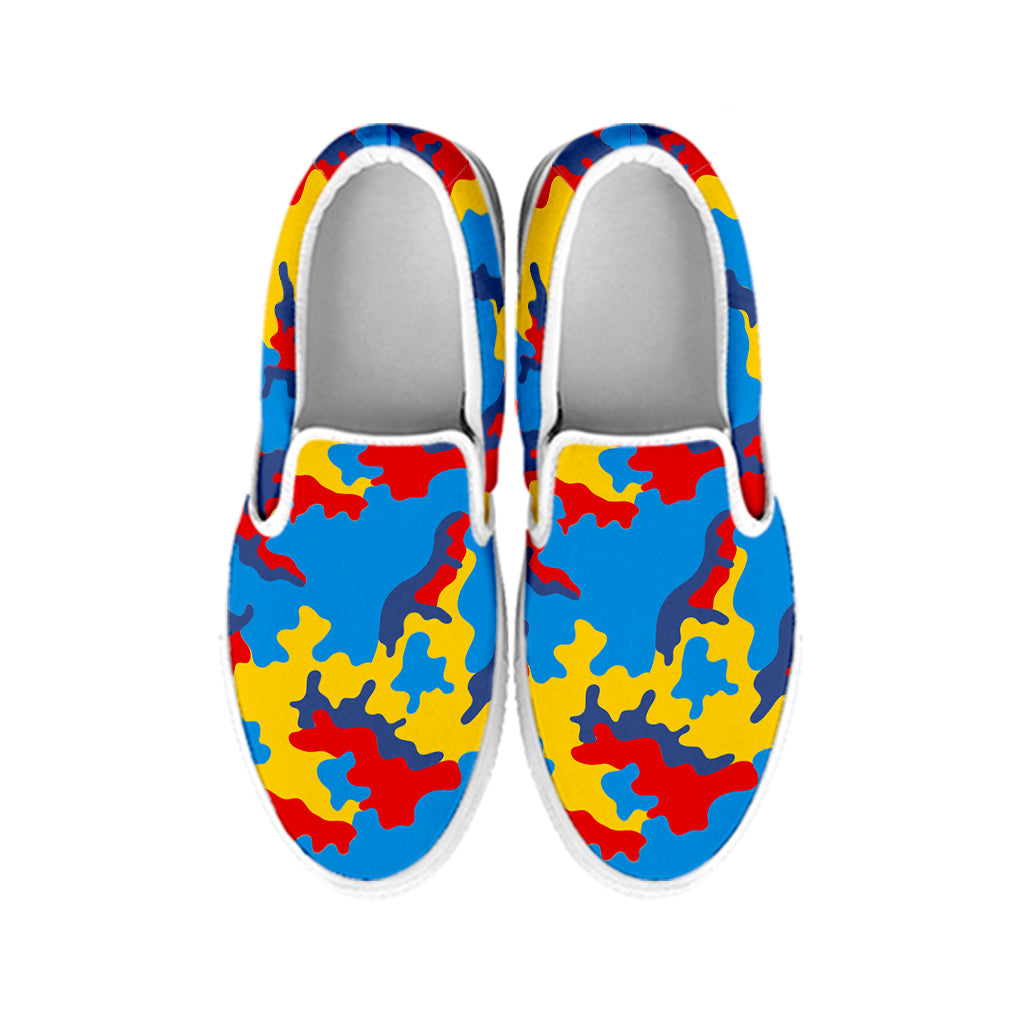 Red Yellow And Blue Camouflage Print White Slip On Sneakers