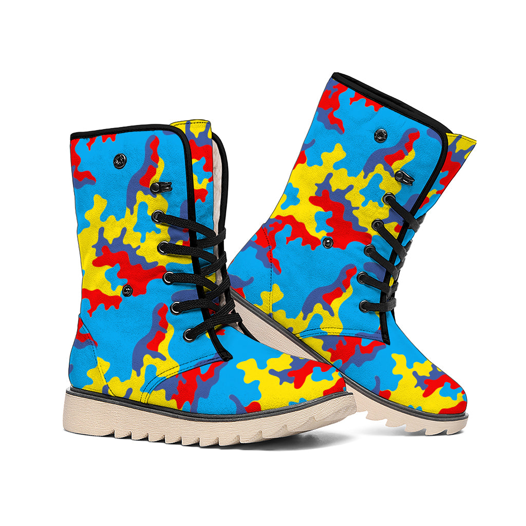 Red Yellow And Blue Camouflage Print Winter Boots