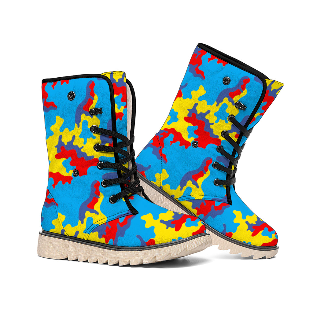 Red Yellow And Blue Camouflage Print Winter Boots