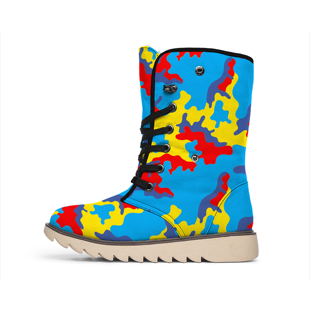 Red Yellow And Blue Camouflage Print Winter Boots