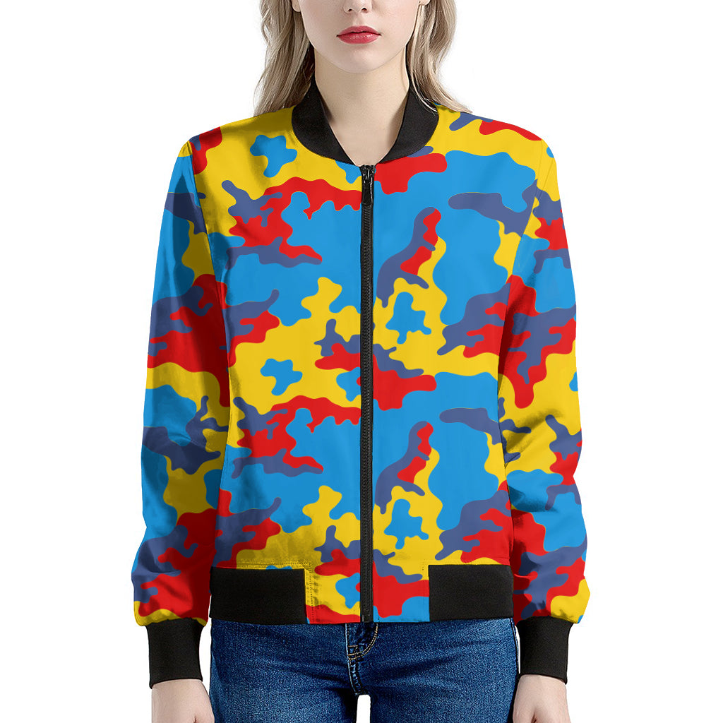 Red Yellow And Blue Camouflage Print Women's Bomber Jacket