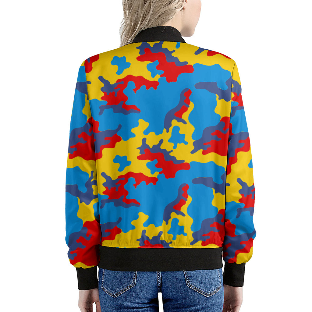 Red Yellow And Blue Camouflage Print Women's Bomber Jacket
