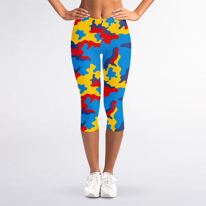 Red Yellow And Blue Camouflage Print Women's Capri Leggings