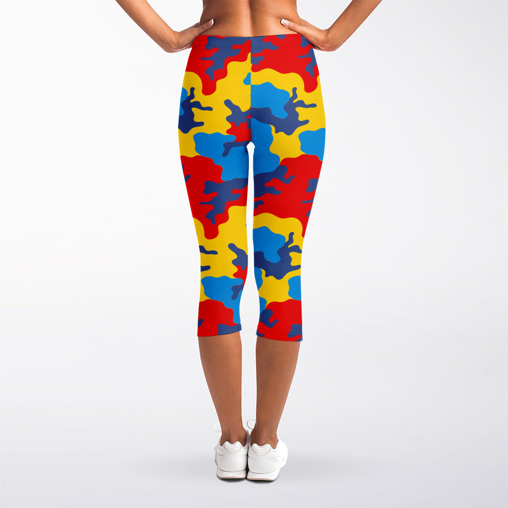 Red Yellow And Blue Camouflage Print Women's Capri Leggings