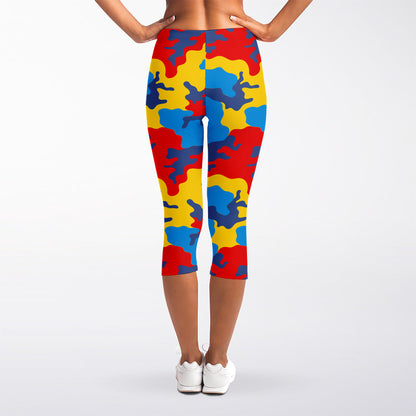Red Yellow And Blue Camouflage Print Women's Capri Leggings