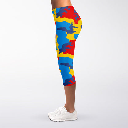 Red Yellow And Blue Camouflage Print Women's Capri Leggings