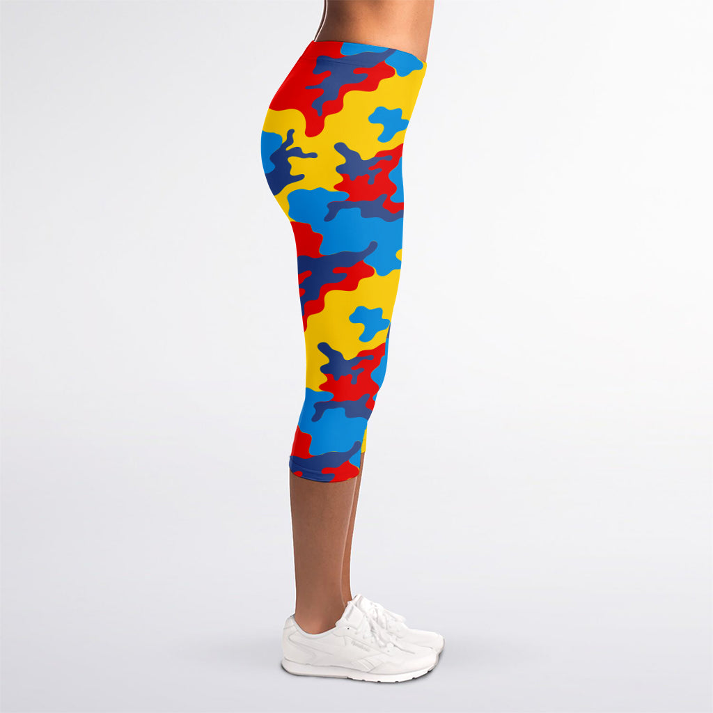 Red Yellow And Blue Camouflage Print Women's Capri Leggings