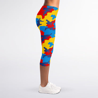 Red Yellow And Blue Camouflage Print Women's Capri Leggings