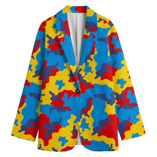 Red Yellow And Blue Camouflage Print Women's Cotton Blazer