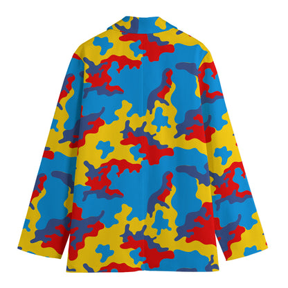 Red Yellow And Blue Camouflage Print Women's Cotton Blazer
