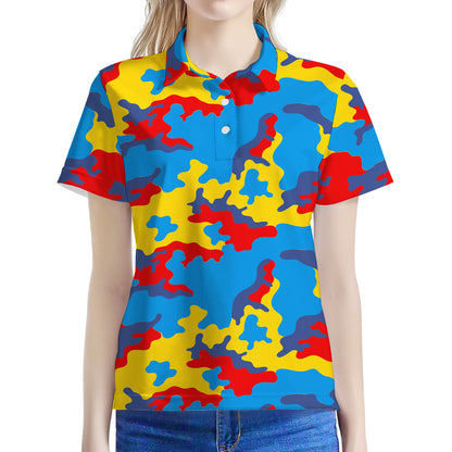 Red Yellow And Blue Camouflage Print Women's Polo Shirt