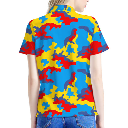 Red Yellow And Blue Camouflage Print Women's Polo Shirt