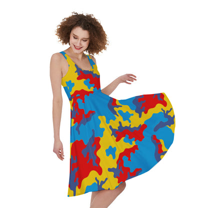 Red Yellow And Blue Camouflage Print Women's Sleeveless Dress