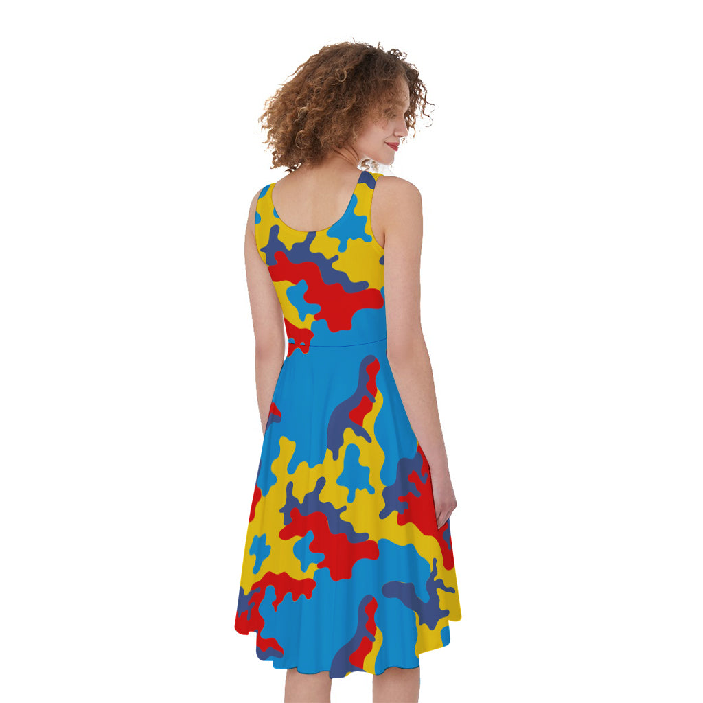 Red Yellow And Blue Camouflage Print Women's Sleeveless Dress