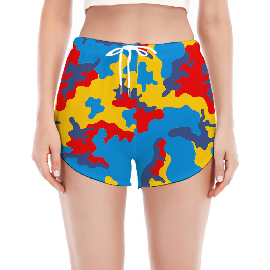 Red Yellow And Blue Camouflage Print Women's Split Running Shorts
