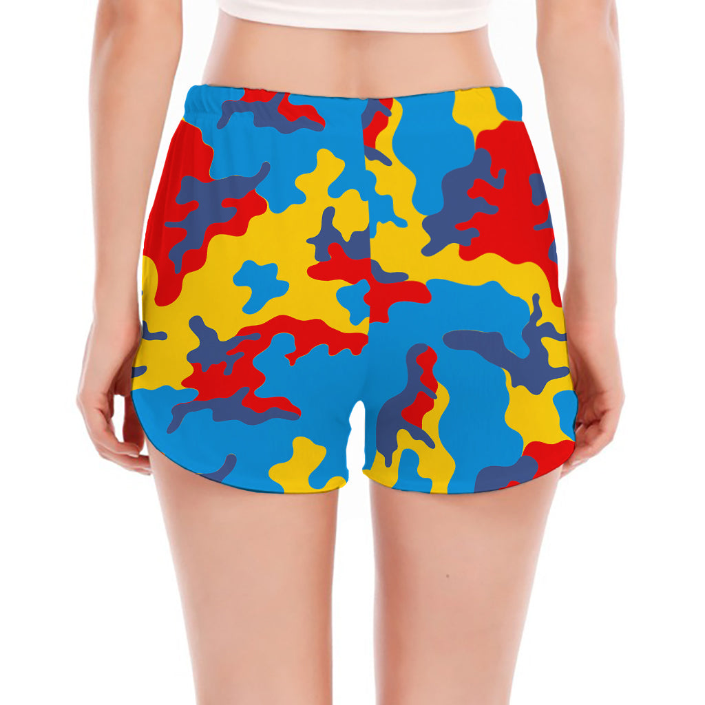 Red Yellow And Blue Camouflage Print Women's Split Running Shorts