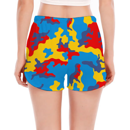 Red Yellow And Blue Camouflage Print Women's Split Running Shorts