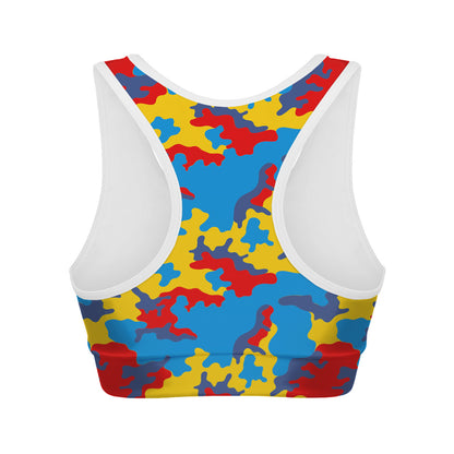 Red Yellow And Blue Camouflage Print Women's Sports Bra