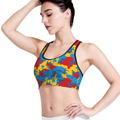 Red Yellow And Blue Camouflage Print Women's Sports Bra