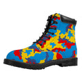 Red Yellow And Blue Camouflage Print Padded Collar Lace Up Boots