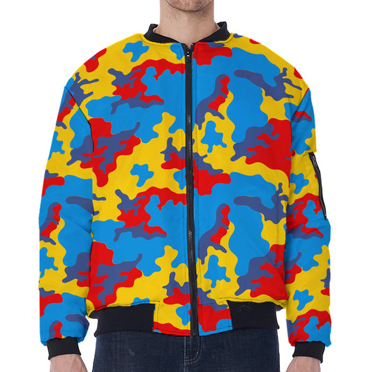 Red Yellow And Blue Camouflage Print Zip Sleeve Bomber Jacket