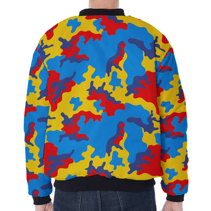 Red Yellow And Blue Camouflage Print Zip Sleeve Bomber Jacket