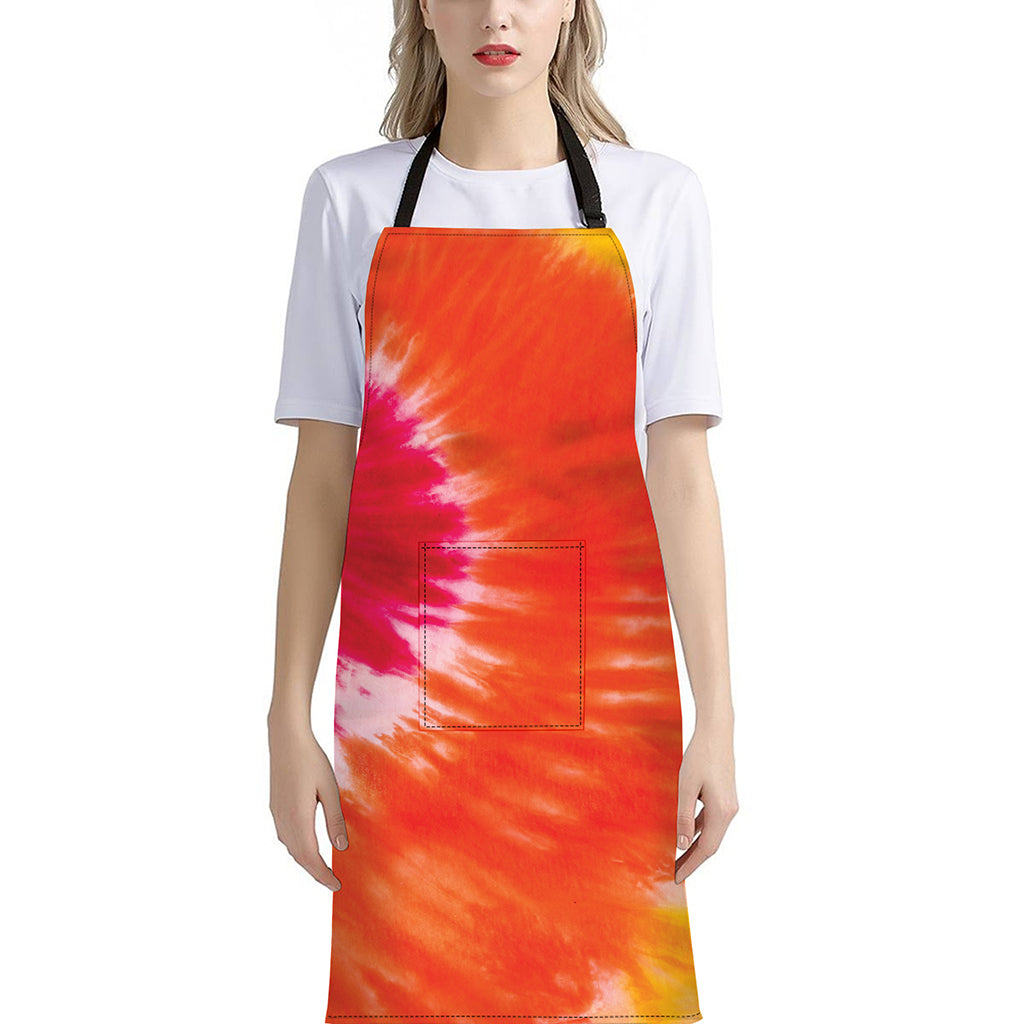Red Yellow And Orange Tie Dye Print Bib Apron With Pocket