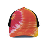 Red Yellow And Orange Tie Dye Print Black Mesh Trucker Cap