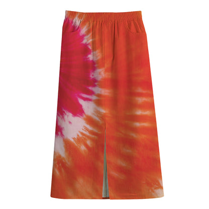 Red Yellow And Orange Tie Dye Print Cotton Front Slit Maxi Skirt