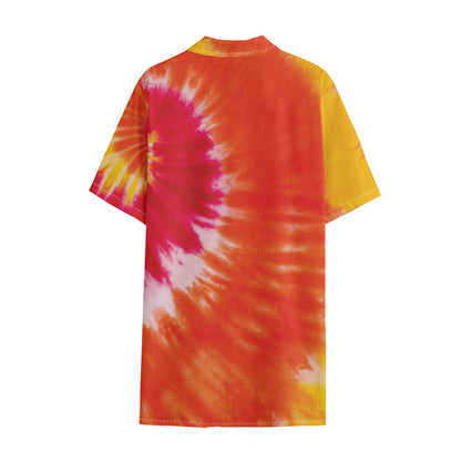 Red Yellow And Orange Tie Dye Print Cotton Hawaiian Shirt