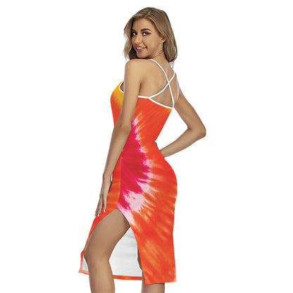 Red Yellow And Orange Tie Dye Print Cross Back Cami Dress