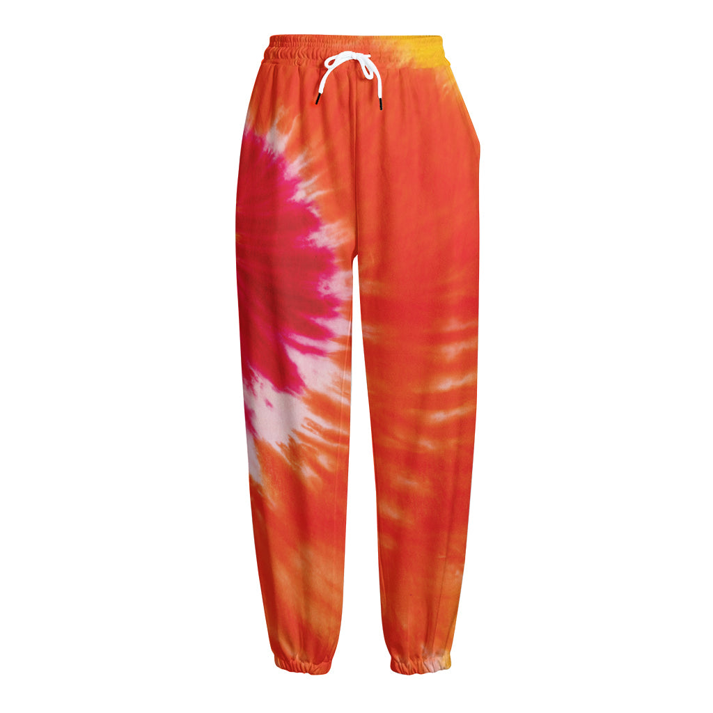 Red Yellow And Orange Tie Dye Print Fleece Lined Knit Pants