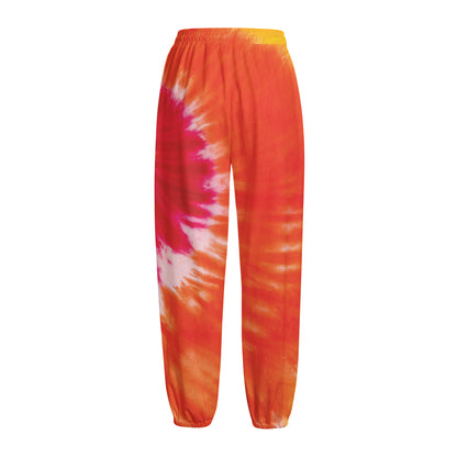 Red Yellow And Orange Tie Dye Print Fleece Lined Knit Pants
