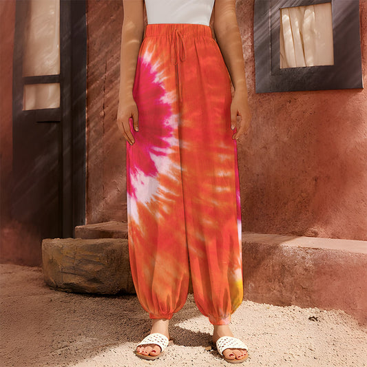 Red Yellow And Orange Tie Dye Print Harem Pants